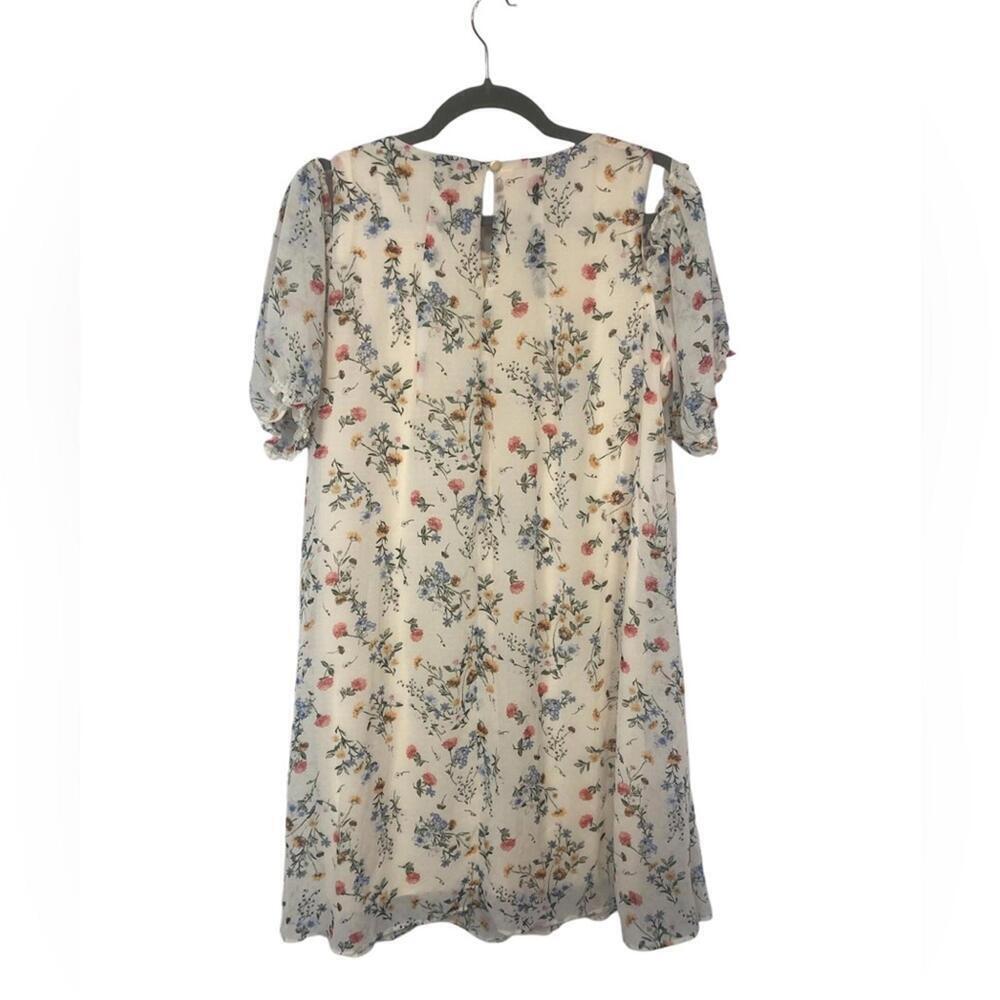 Perceptions Dress Floral Closure Cold Shoulder Puffed Sleeve Back Pleat - Picture 2 of 9